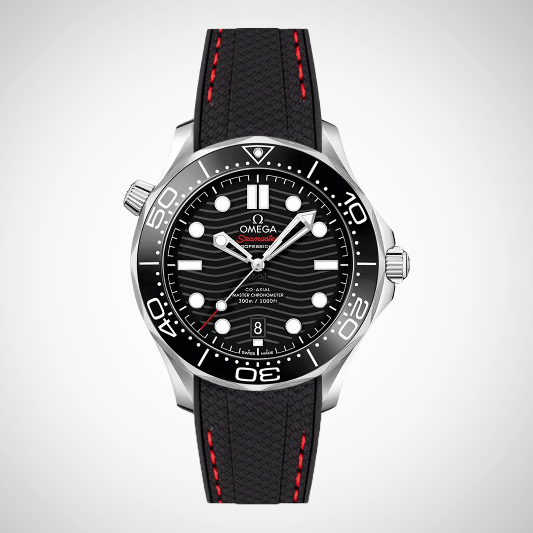 Rubber Flex Thread Curved Strap for Omega Seamaster Diver 300 42mm - Black Dial