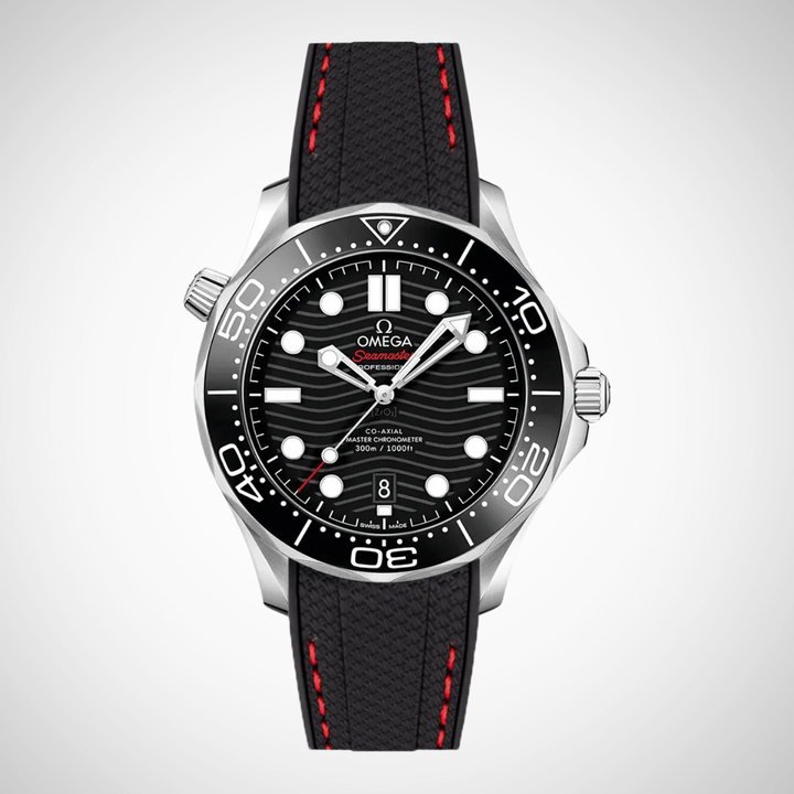 Rubber Flex Thread Curved Strap for Omega Seamaster Diver 300 42mm - Black Dial