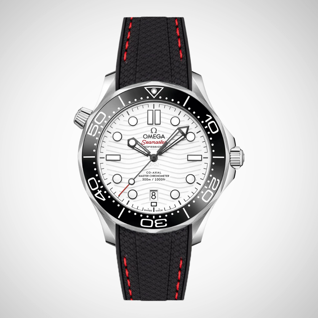 Rubber Flex Thread Curved Strap for Omega Seamaster Diver 300 42mm - White Dial