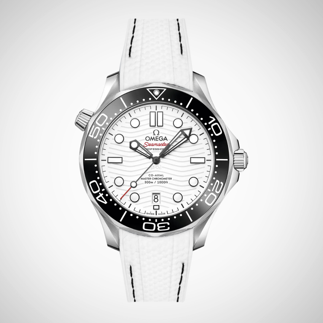 Rubber Flex Thread Curved Strap for Omega Seamaster Diver 300 42mm - White Dial