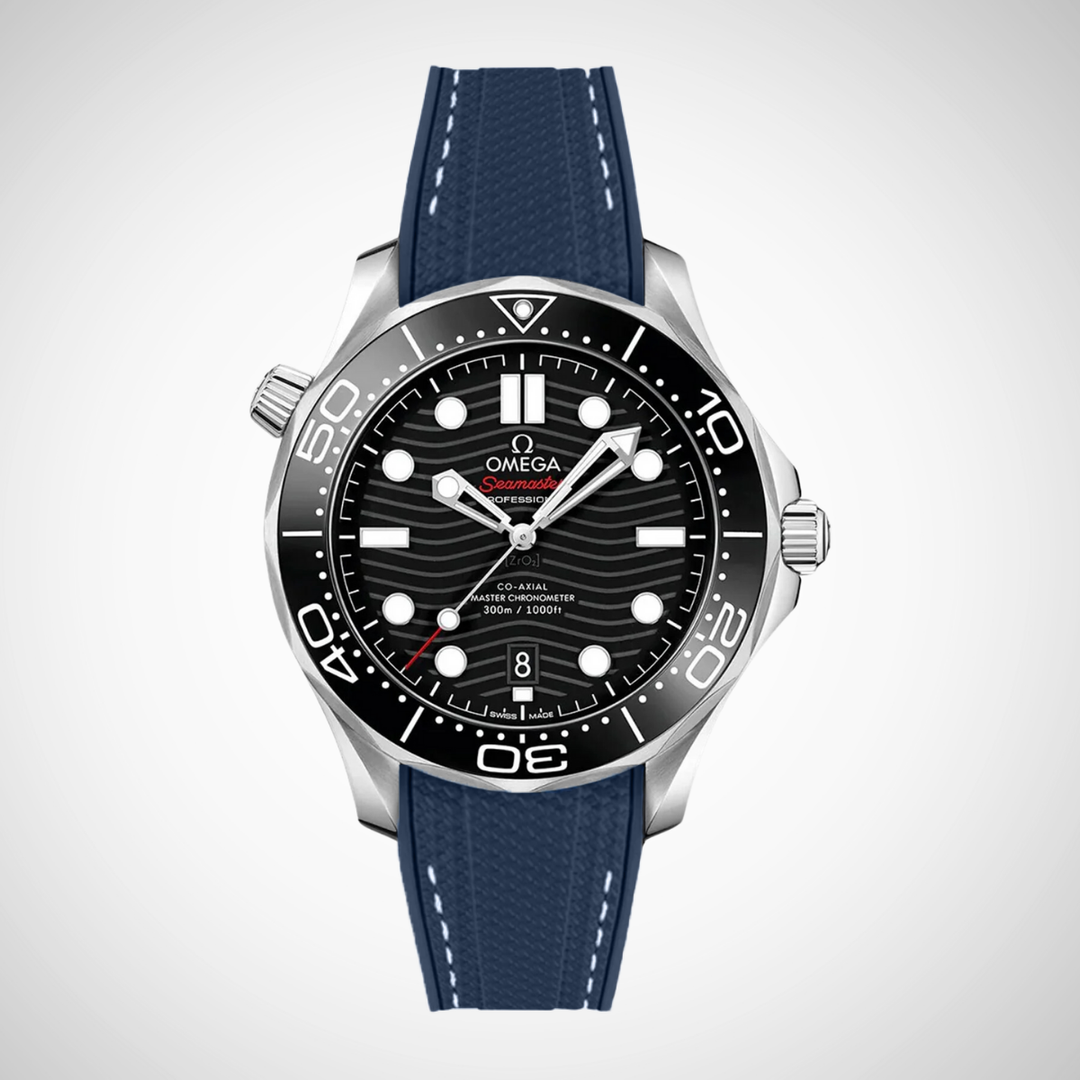 Rubber Flex Thread Curved Strap for Omega Seamaster Diver 300 42mm - Black Dial