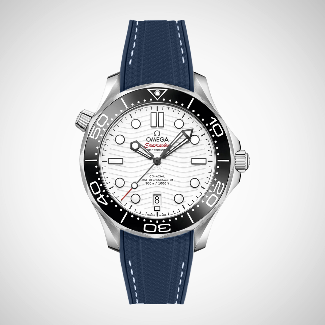 Rubber Flex Thread Curved Strap for Omega Seamaster Diver 300 42mm - White Dial