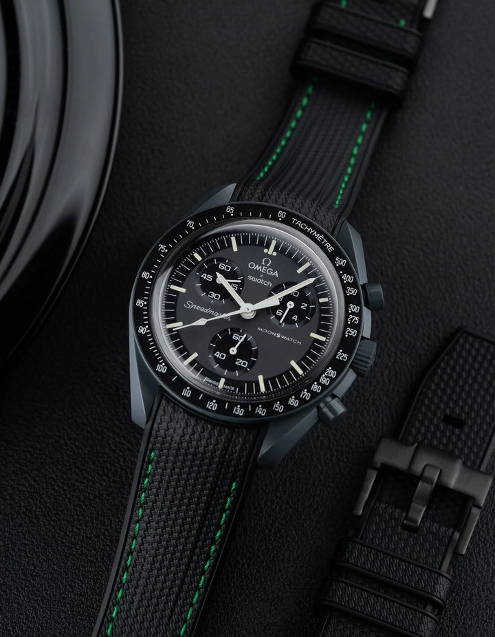 Rubber Flex Thread 22mm Curved Strap - Midnight Black with Neon Green Stitch