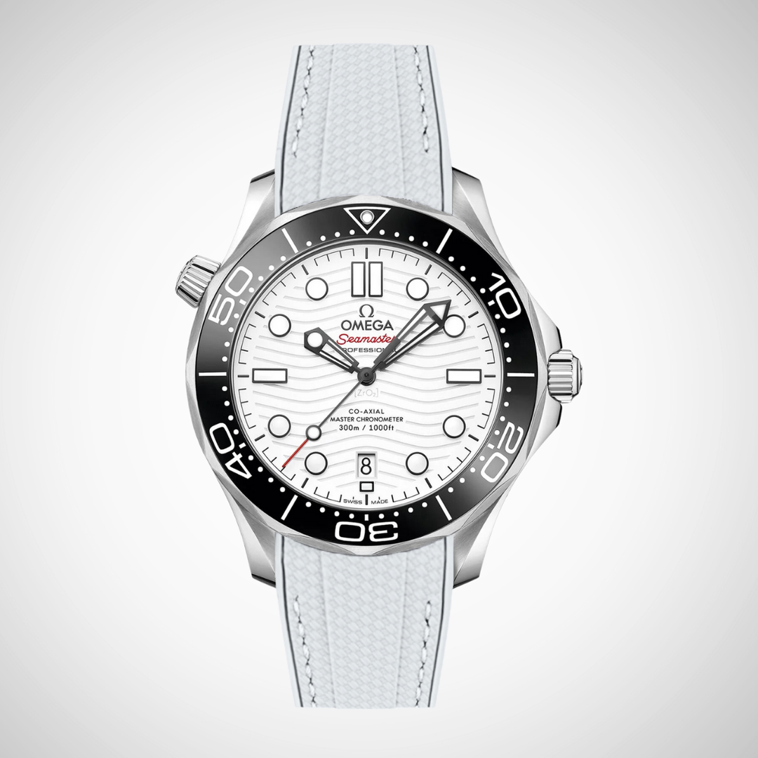 Rubber Flex Thread Curved Strap for Omega Seamaster Diver 300 42mm - White Dial