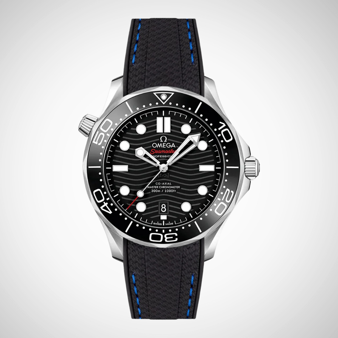 Rubber Flex Thread Curved Strap for Omega Seamaster Diver 300 42mm - Black Dial