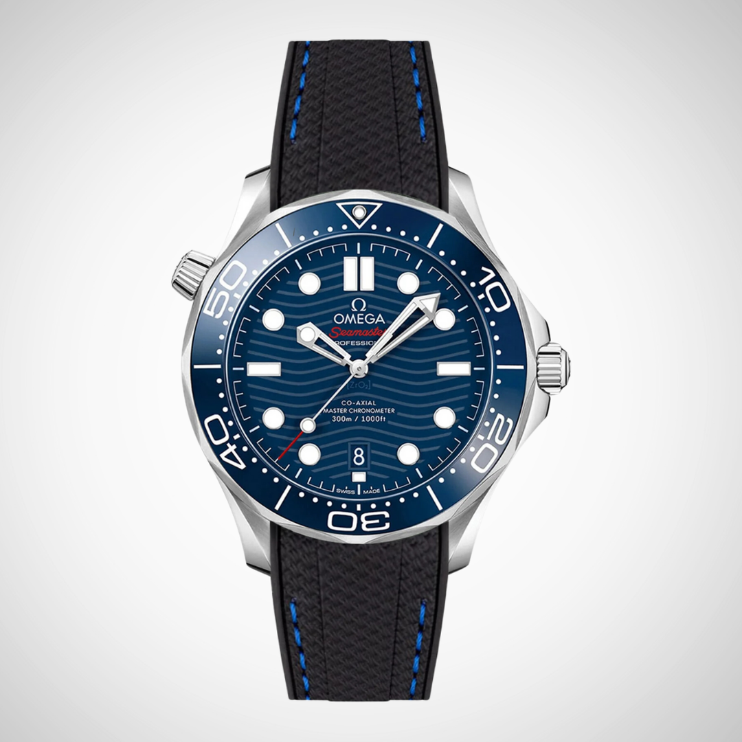 Rubber Flex Thread Curved Strap for Omega Seamaster Diver 300 42mm - Blue Dial