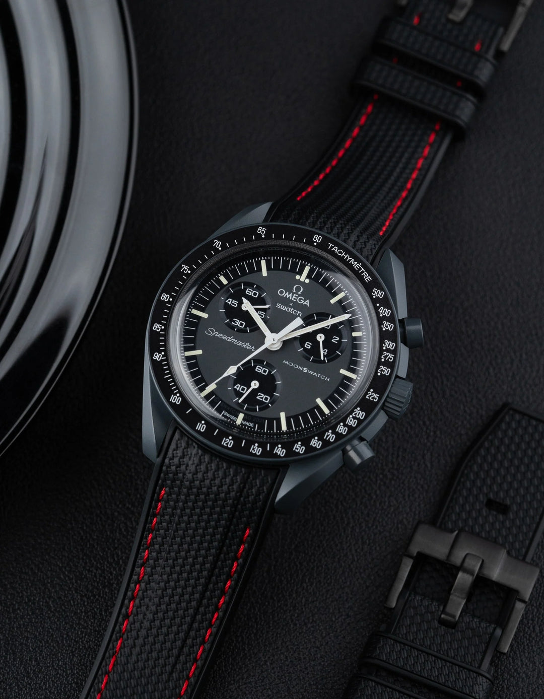 Rubber Flex Thread 22mm Curved Strap - Midnight Black with Crimson Red Stitch