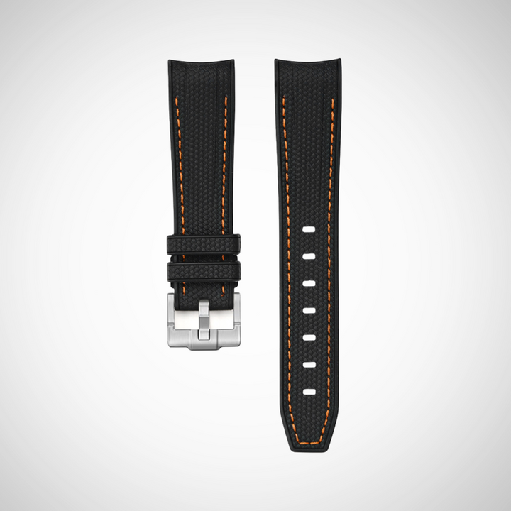 Rubber Flex Thread 22mm Curved Strap - Midnight Black with Ember Orange Stitch
